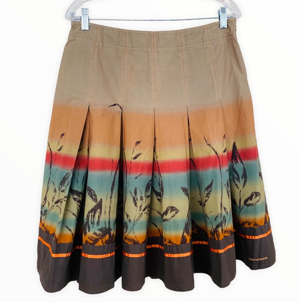 DKNY Desert Passage Tan & Orange‎ Pleated Ribbon Fit & Flare Style Skirt Size 4
